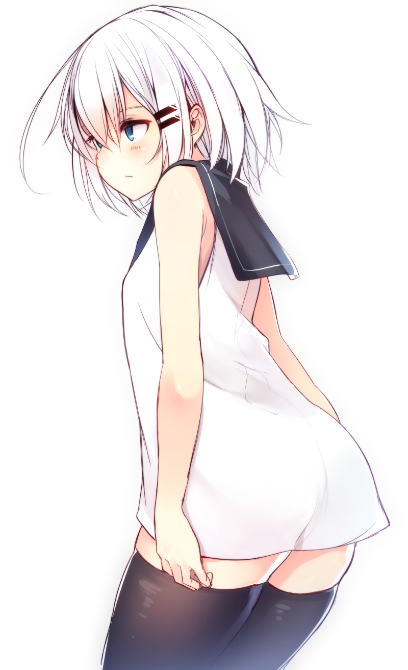 1girl, ass, black_legwear, blue_eyes, blush, dress, flat_chest, haegiwa