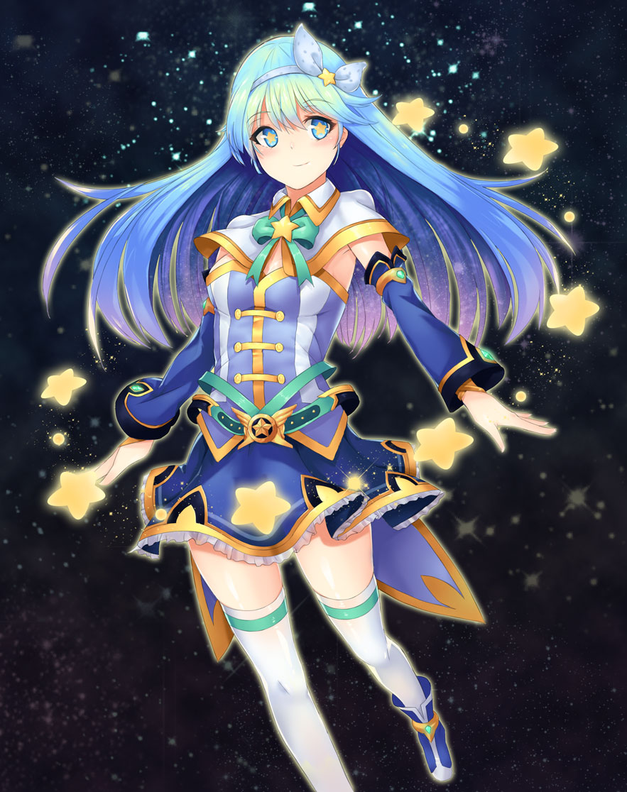 +_+, 1girl, alternate_costume, blue_hair, detached_sleeves, erica_(soccer_spirits), hair_ornament, hairband