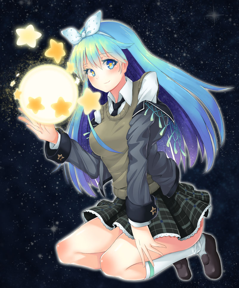 +_+, 1girl, ball, black_necktie, black_shoes, black_skirt, blue_eyes, blue_hair