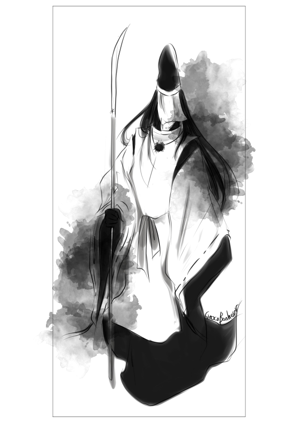 1boy, artist_name, black_border, black_hair, border, enemy_naginata, full_body, hat