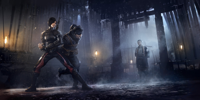 1girl, 2boys, armor, bamboo, batman:_arkham, batman:_arkham_origins, batman_(series), belt, black_hair, boots, bruce_wayne, dc_comics, fight, fighting, icicle, lady_shiva, lantern, leather_armor, multiple_boys, snow, torii