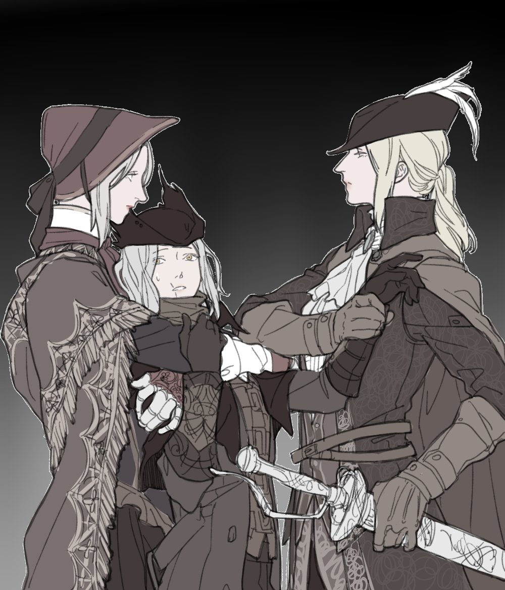 3girls, ascot, bloodborne, bonnet, hat, hug, hunter_(bloodborne), jealous