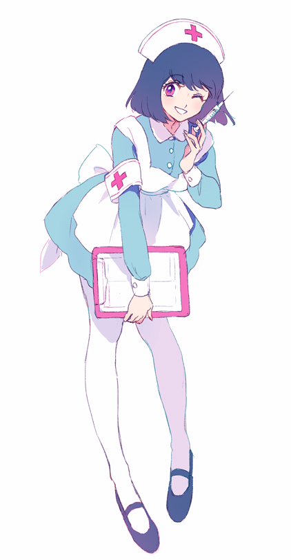 1girl, alternate_costume, brown_eyes, brown_hair, clipboard, devilman, hairband, hat