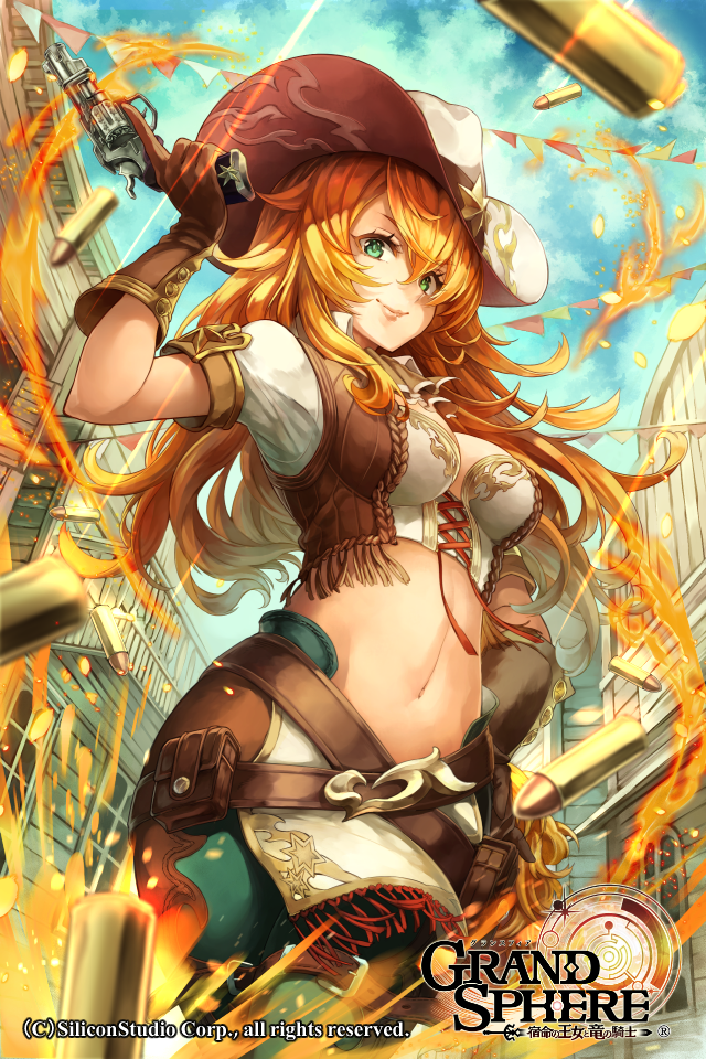 1girl, bangs, belt_pouch, blonde_hair, blue_sky, breasts, brown_gloves, building, bustier, closed_mouth, clouds, company_name, cowboy_hat, crop_top, cross-laced_clothes, day, dearrose, eyelashes, fire, floating_object, fringe, from_below, gloves, grand_sphere, gun, hair_between_eyes, hand_on_hip, hand_up, handgun, hat, holding, holding_gun, holding_weapon, light_particles, lips, long_hair, looking_at_viewer, looking_down, medium_breasts, midriff, motion_blur, navel, official_art, outdoors, railing, revolver, shell_casing, short_sleeves, sky, smile, solo, star, stomach, string_of_flags, sunlight, trigger_discipline, weapon, western, white_hat, wild_west