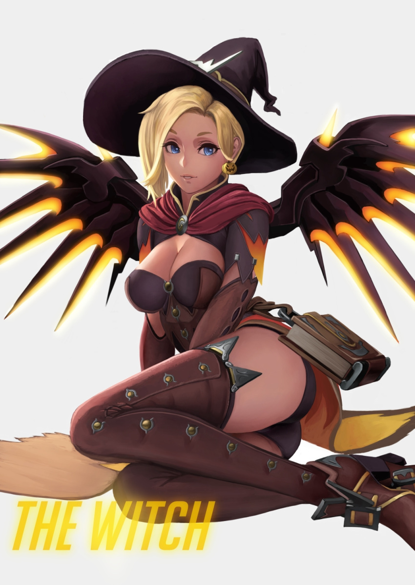 1girl, alternate_costume, ass, black_shorts, blonde_hair, blue_eyes, book, breasts, brown_legwear, brown_shoes, cape, cleavage, earrings, elbow_gloves, english, food_themed_earrings, gloves, glowing, glowing_wings, halloween, halloween_costume, hat, high_heels, highres, jack-o'-lantern, jewelry, looking_at_viewer, mechanical_wings, medium_breasts, mercy_(overwatch), overwatch, parted_lips, pumpkin_earrings, red_cape, shoes, short_shorts, short_sleeves, shorts, sitting, solo, thigh-highs, waist_cape, wings, witch, witch_hat, witch_mercy, yamaneko_(tkdrumsco), yokozuwari