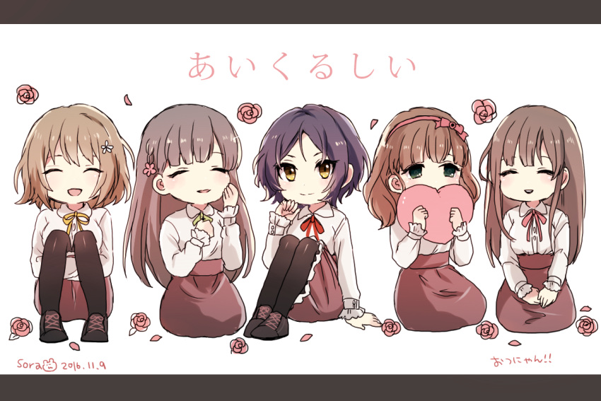 5girls, ^_^, ^o^, alternate_costume, brown_hair, chibi, closed_eyes, flower