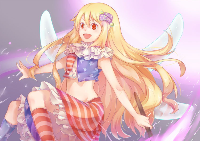1girl, adapted_costume, alternate_legwear, american_flag_legwear, american_flag_skirt, blonde_hair, clownpiece, fairy_wings