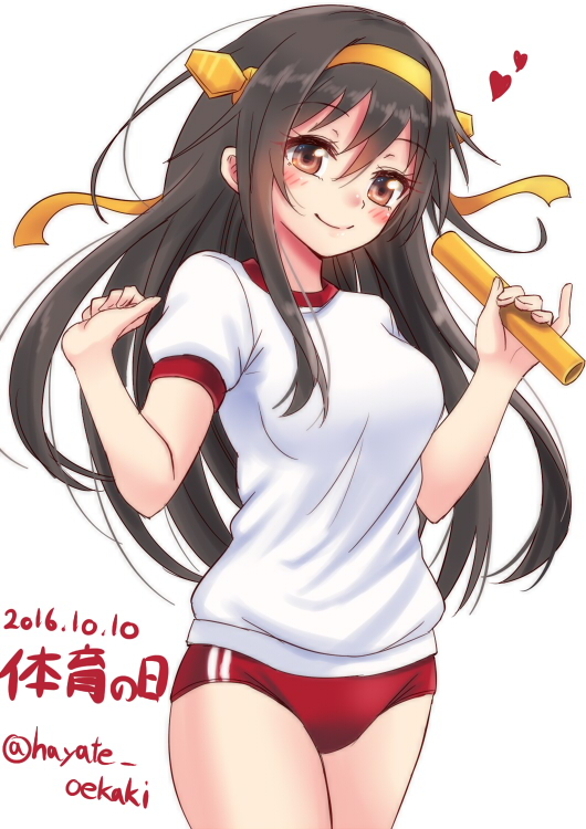 1girl, alternate_costume, baton, black_hair, blush, breasts, brown_eyes, buruma