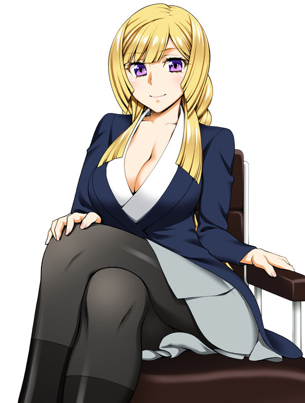 1girl, black_legwear, blonde_hair, blush, boots, breasts, chair, cleavage