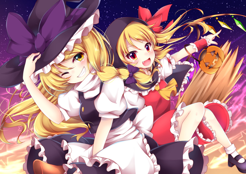 2girls, apron, arm_garter, ascot, black_hat, black_shoes, black_skirt, black_vest