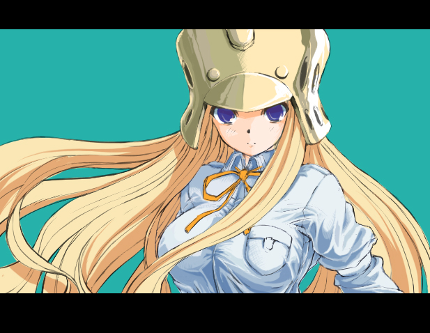 1girl, blonde_hair, blue_eyes, breast_padding, genshiken, helmet, kujibiki_unbalance, lace