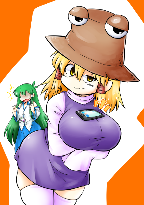 >:3, /\/\/\, 2girls, :3, alternate_breast_size, antenna_hair, bare_shoulders, blonde_hair