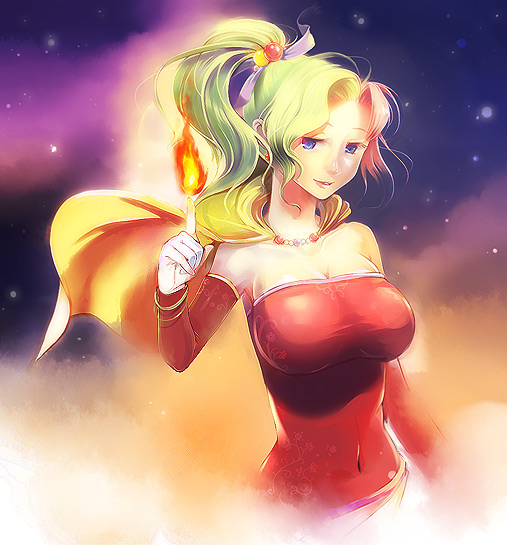 breasts, cape, detached_sleeves, elbow_gloves, final_fantasy, final_fantasy_vi, fire, gloves