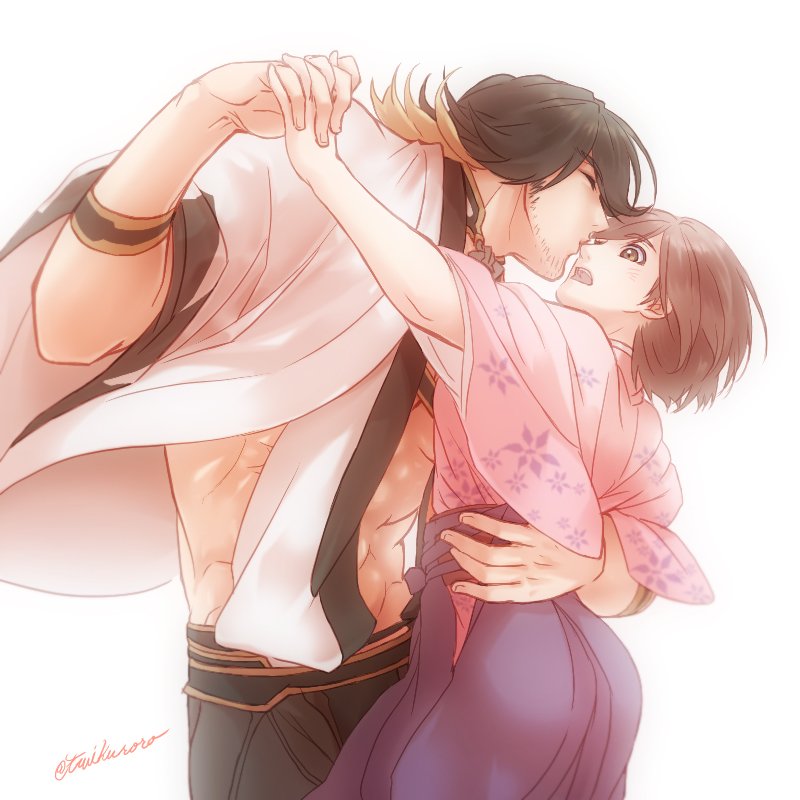 1boy, 1girl, applemac, bloom, brown_eyes, brown_hair, couple, facial_hair