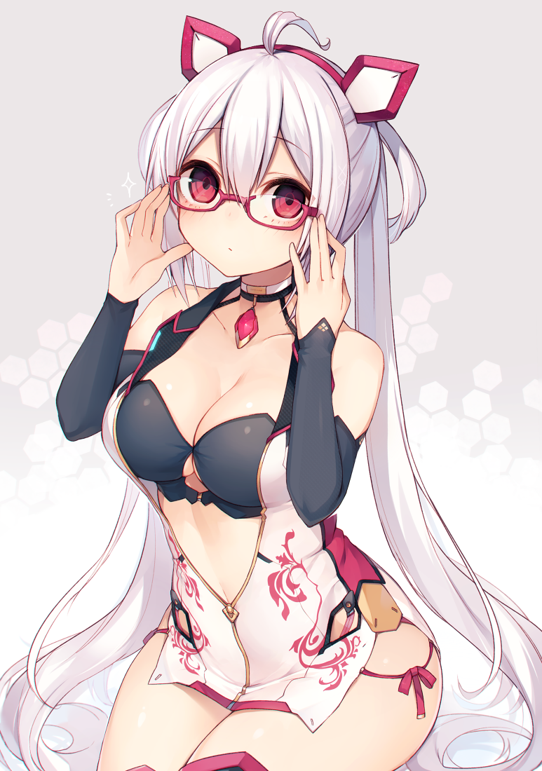 1girl, adjusting_glasses, ahoge, bare_shoulders, bespectacled, blush, breasts, choker