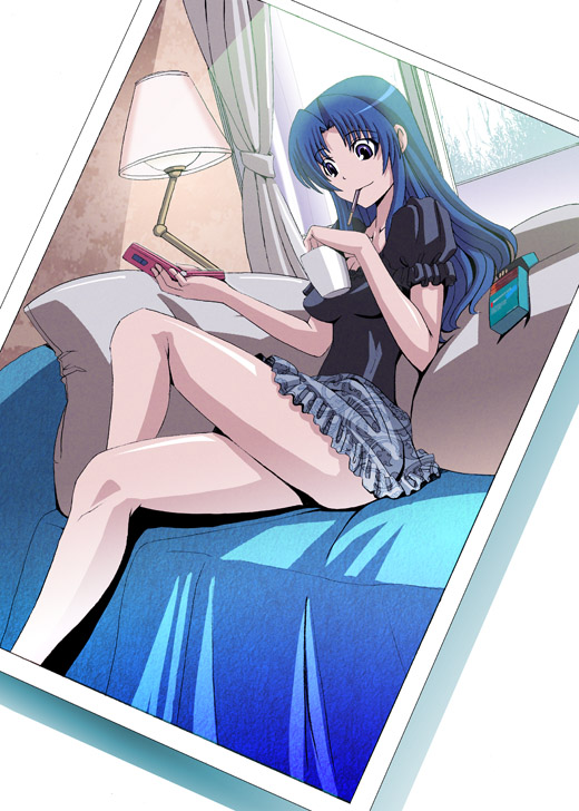 blue_hair, cellphone, cup, eating, food, kawashima_ami, legs, long_hair