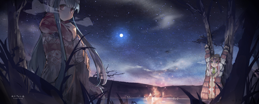 2girls, arms_up, beanie, blanket, blue_eyes, blue_hair, breath, brown_eyes, campfire, character_request, clouds, copyright_name, cowboy_shot, cusui, down_jacket, fingerless_gloves, gloves, grass, hair_between_eyes, hair_ornament, hairclip, hat, jacket, long_hair, looking_at_viewer, looking_back, moon, multiple_girls, night, open_mouth, pink_hair, scarf, sky, star_(sky), starry_sky, tree, yurucamp