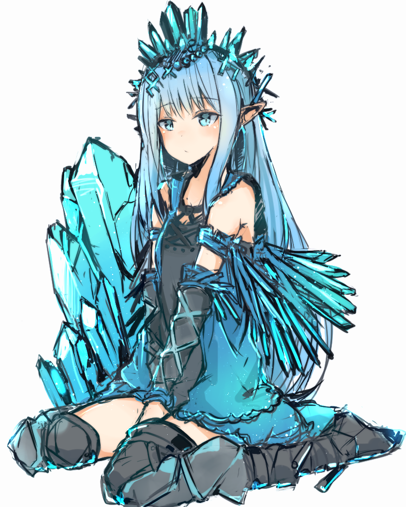 1girl, :/, armlet, bangs, bare_shoulders, between_legs, black_legwear, blue_eyes