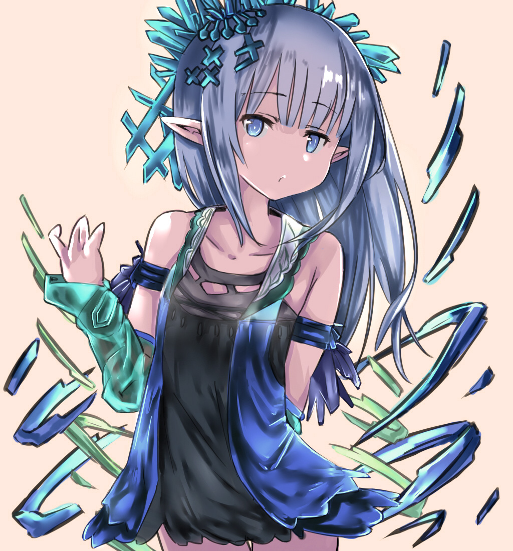 1girl, arm_behind_back, armlet, bad_hands, bangs, bare_shoulders, blue_eyes, blue_hair