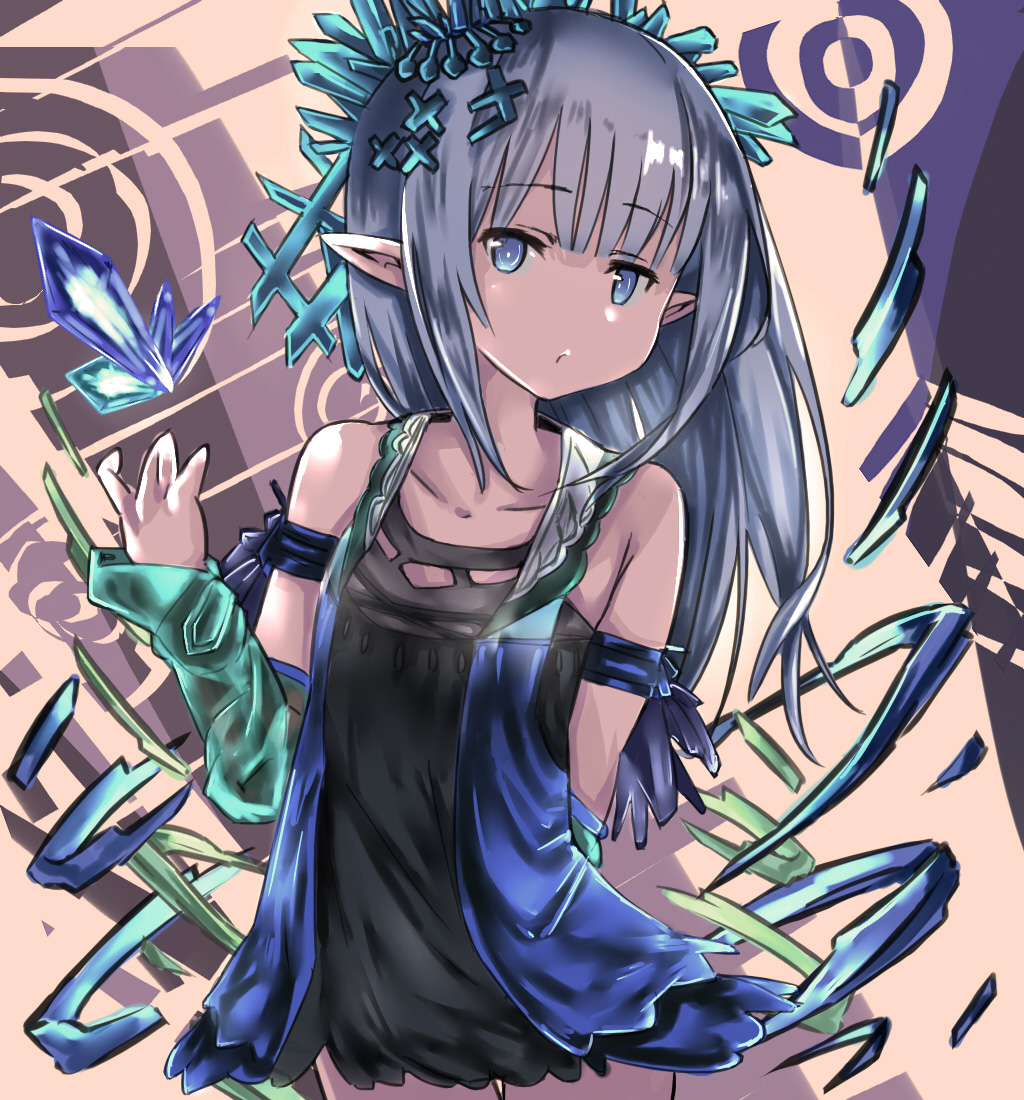 1girl, arm_behind_back, armlet, bad_hands, bangs, bare_shoulders, blue_eyes, blue_hair, blunt_bangs, collarbone, cowboy_shot, crystal, detached_sleeves, dress, erin_(granblue_fantasy), eyebrows, eyebrows_visible_through_hair, flat_chest, granblue_fantasy, hair_ornament, long_hair, long_sleeves, lplpsteven, no_nose, orange_background, pointy_ears, short_dress, sleeveless, sleeveless_dress, solo, standing, thigh_gap