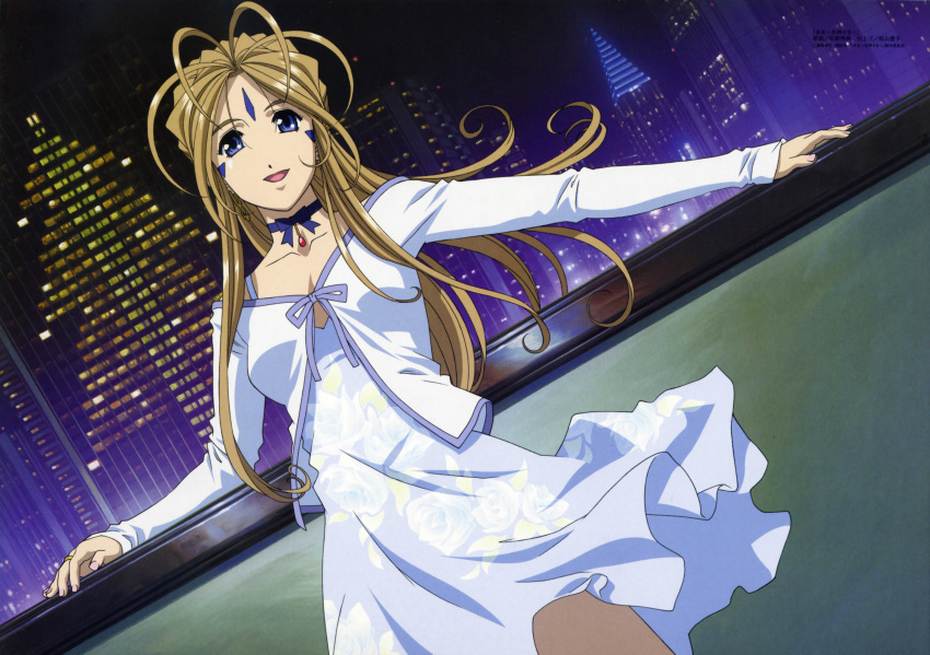 aa_megami-sama, antenna_hair, bangs, belldandy, blue_choker, blue_eyes, breasts, brown_hair, city, city_lights, cityscape, dress, floral_dress, floral_print, happy, long_hair, long_sleeved_dress, long_sleeves, looking_at_viewer, off-shoulder_dress, off_shoulder, official_art, outstretched_arms, ribbon, ribbon_choker, sky, skyline, skyscraper, small_breasts, smile, smiling, solo, straps, urban_background, white_capelet, white_dress