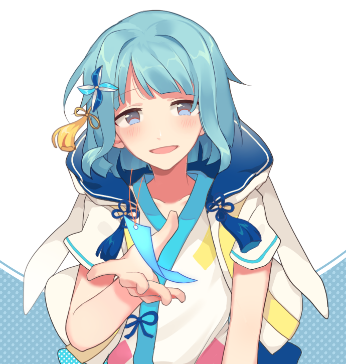 1boy, alternate_costume, blue_eyes, blue_hair, blush, ensemble_stars!, male_focus, outstretched_hand