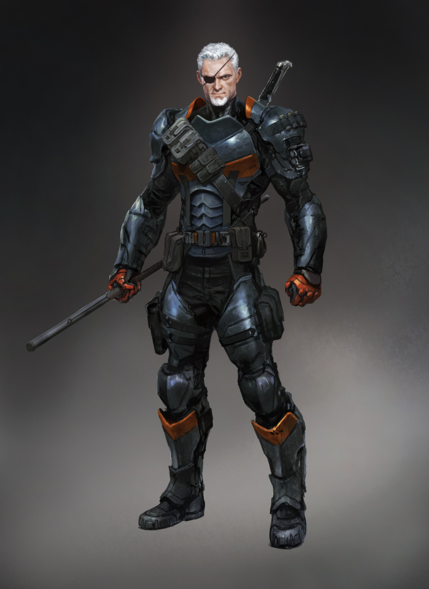 1boy, armor, batman_(series), belt, dc_comics, deathstroke, eyepatch, facial_hair