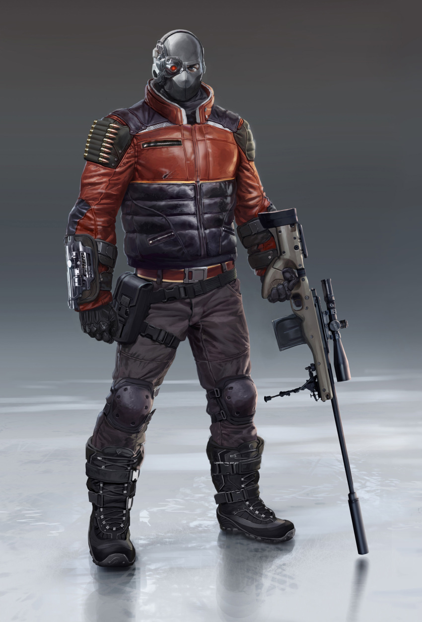1boy, batman_(series), belt, boots, dc_comics, deadshot, gun, holster, knee_pads, male_focus, mask, solo, standing, thigh_strap, weapon