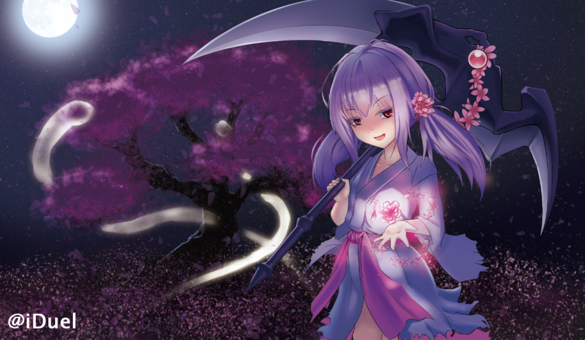 >:d, 1girl, :d, cherry_blossoms, duel_monster, flower, full_moon, ghost_reaper_&amp;_winter_cherries