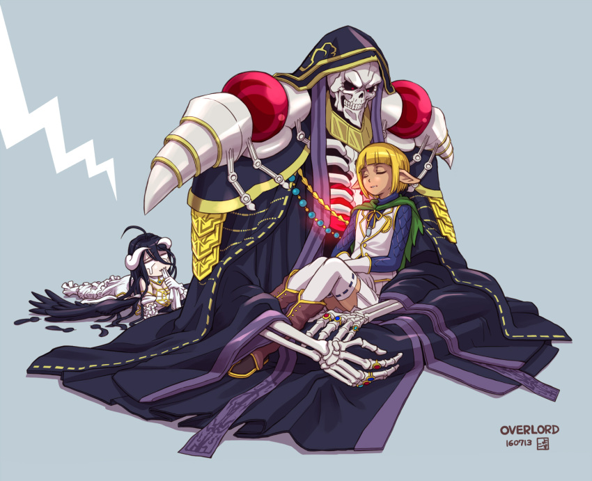 1girl, 2boys, ainz_ooal_gown, albedo, biting, black_hair, blonde_hair, boots