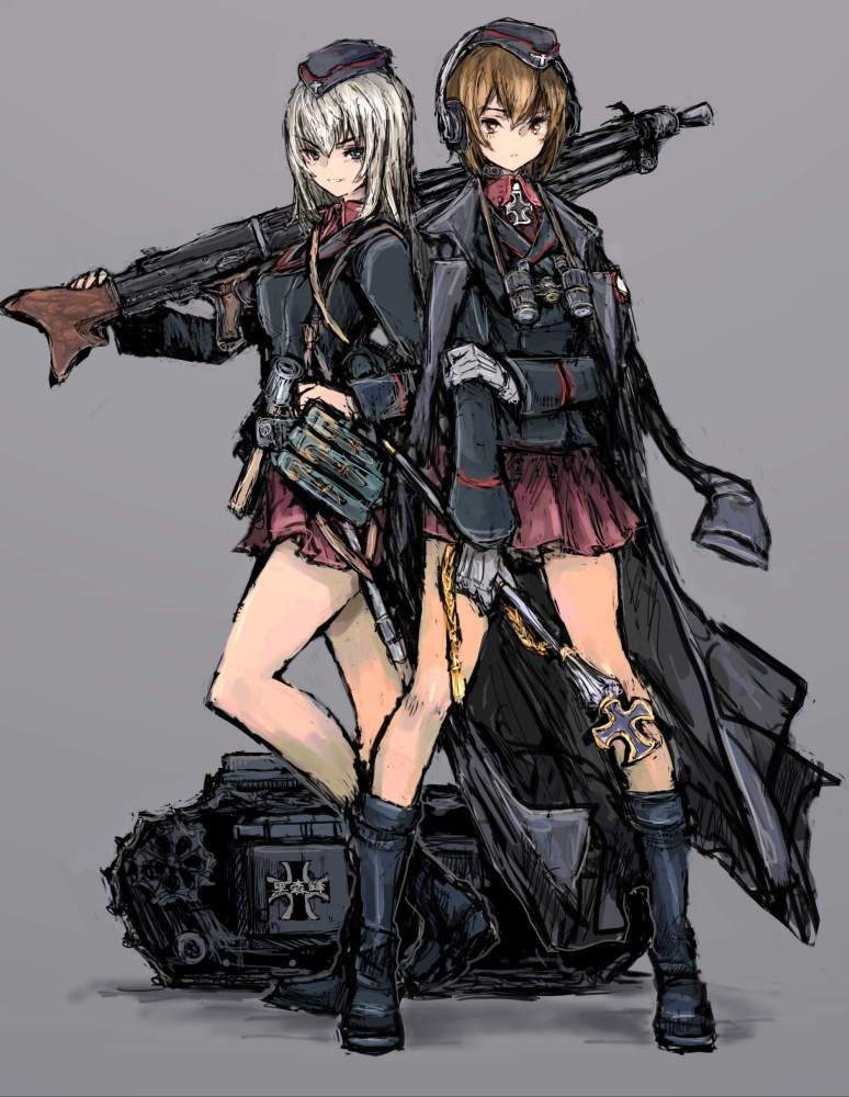 2girls, arm_grab, bangs, binoculars, black_boots, black_jacket, blue_eyes, boots, brown_eyes, brown_hair, dress_shirt, emblem, explosive, full_body, garrison_cap, girls_und_panzer, goliath_tracked_mine, grenade, grey_background, gun, hat, headphones, holding, iron_cross, itsumi_erika, jacket, jacket_on_shoulders, long_hair, long_sleeves, looking_at_viewer, machine_gun, mg42, military, military_uniform, mine_(weapon), miniskirt, moto_murabito, multiple_girls, nishizumi_maho, parted_lips, pleated_skirt, prosthesis, prosthetic_arm, red_shirt, red_skirt, shirt, short_hair, silver_hair, skirt, smile, staff, standing, trench_coat, uniform, weapon