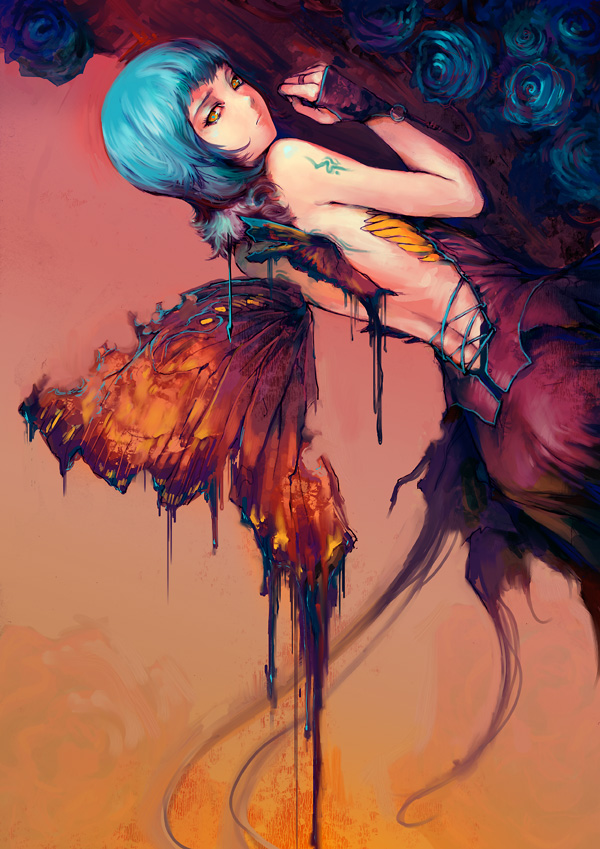 asuka111, blue_hair, butterfly_wings, dress, fairy, fairy_wings, fingerless_gloves, flower