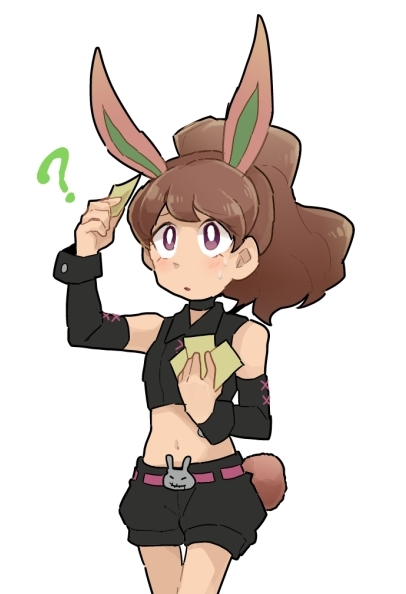 1girl, ?, animal_ears, blush, brown_hair, bunny_mint, bunny_mint_(cosplay), bunny_tail