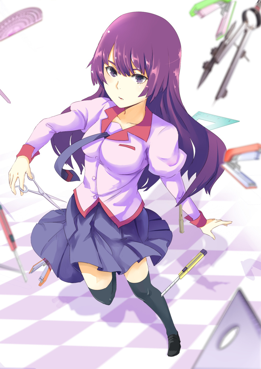 1girl, bakemonogatari, black_eyes, black_hair, black_legwear, blurry, commentary_request, depth_of_field