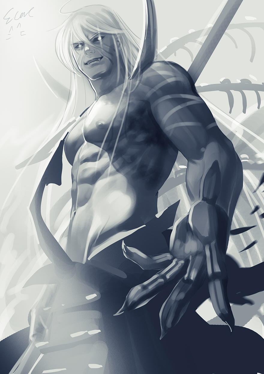 1boy, abs, artist_name, ecat, enemy_yari, fangs, highres, historical_revisionist