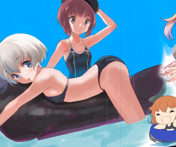 adapted_costume, alternate_costume, bare_arms, bare_shoulders, bikini, blue_eyes, brown_hair, commentary_request