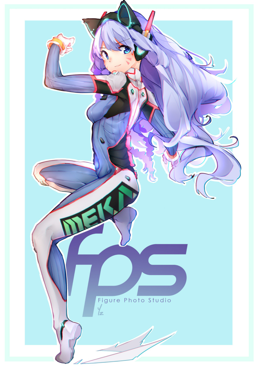 1girl, acronym, animal_ears, bangs, blue_eyes, blue_hair, bodysuit, boots