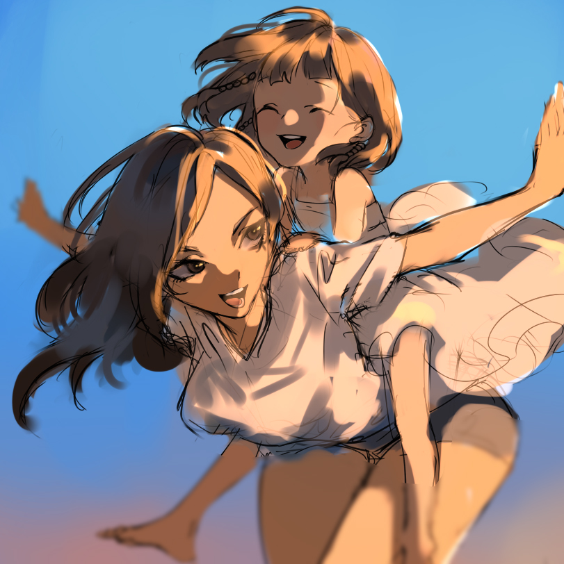 2girls, ana_(overwatch), bangs, blue_sky, blunt_bangs, braid, brown_eyes, brown_hair