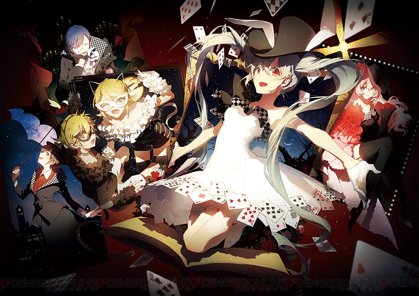 2boys, 4girls, animal_ears, asymmetrical_clothes, black_gloves, black_hat, black_legwear, blonde_hair