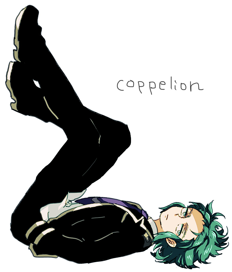 1boy, blue_eyes, blue_hair, coppelion, copyright_name, frown, full_body, hands_in_pockets
