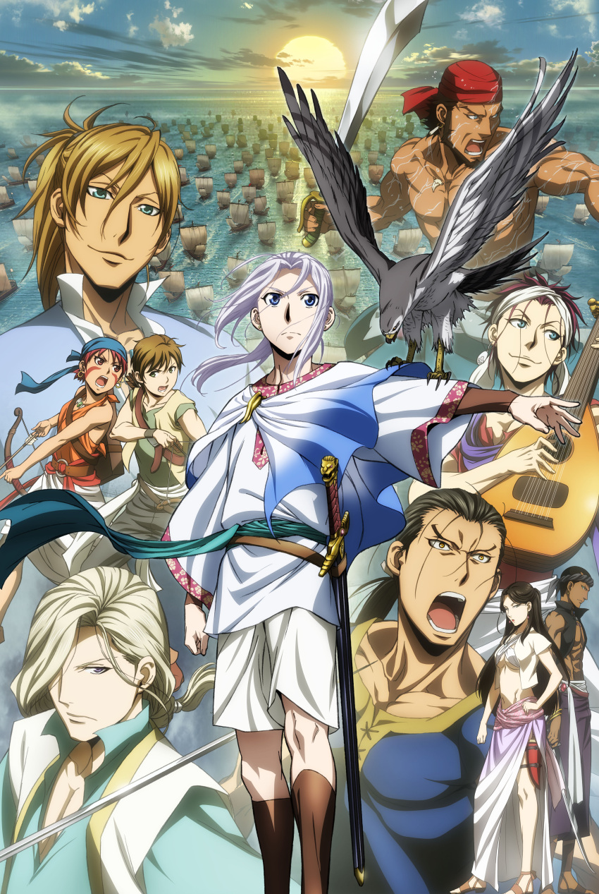 2girls, 6+boys, absurdres, alfreed_(arslan_senki), arrow, arslan, arslan_senki, bird