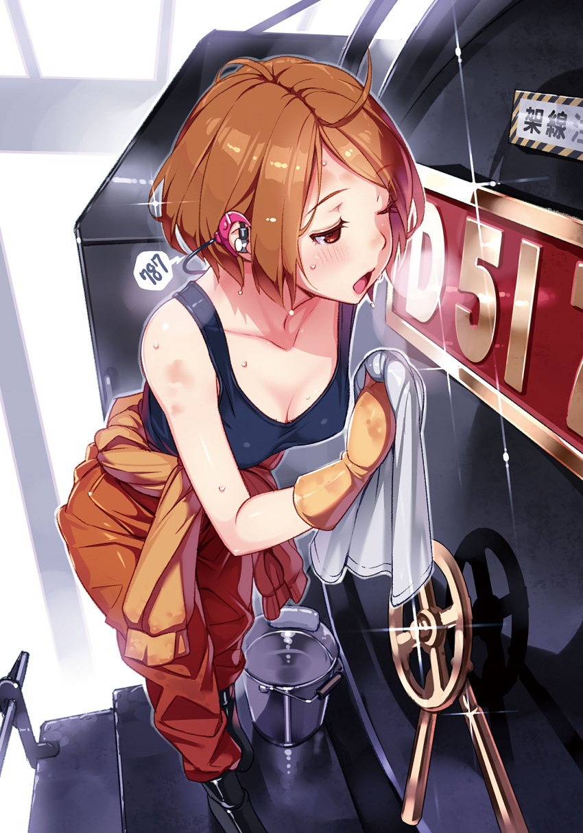 1girl, black_shirt, breasts, brown_eyes, brown_gloves, brown_hair, cleaning, cleavage