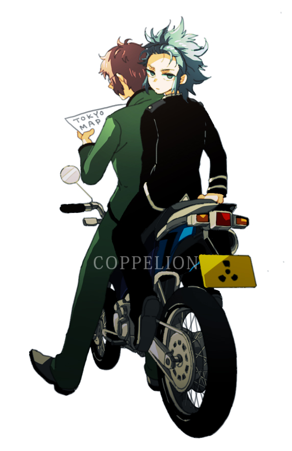 2boys, blue_hair, brown_hair, coppelion, copyright_name, from_behind, full_body, glasses