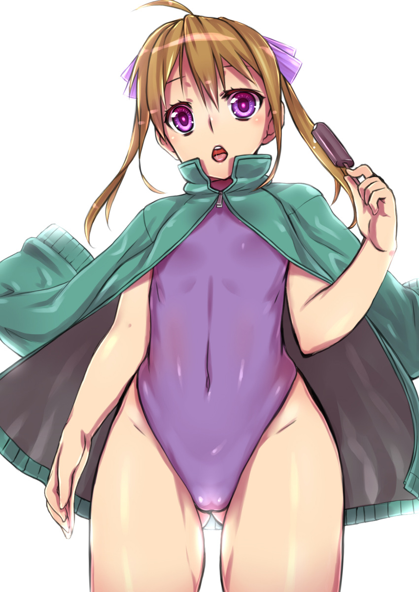 ahoge, blonde_hair, covered_navel, gluteal_fold, hair_ribbon, highres, jacket, long_hair