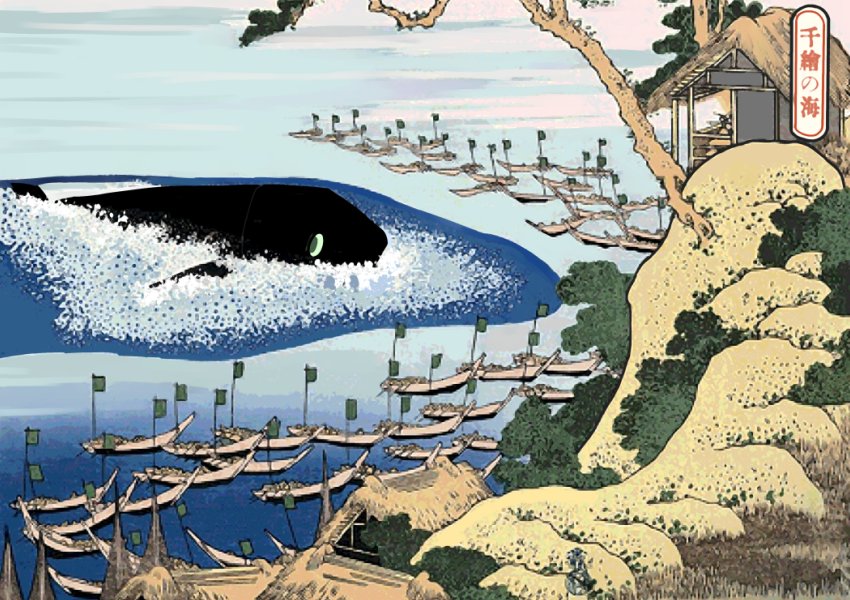 architecture, boat, commentary_request, east_asian_architecture, fine_art_parody, foaming_waves, harbor, hill