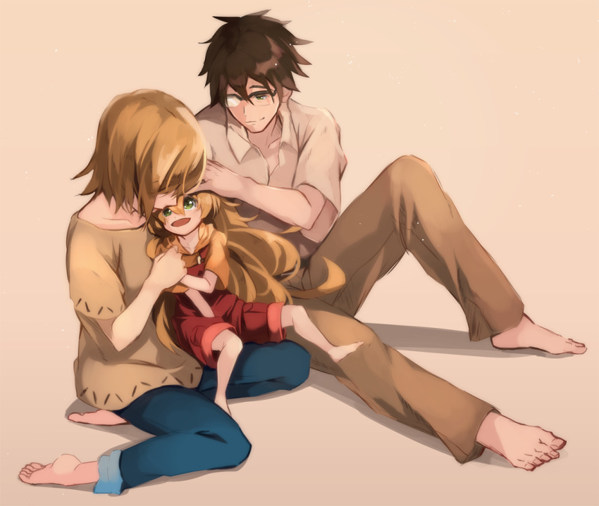 1boy, 2girls, amaama_to_inazuma, blonde_hair, family, father_and_daughter, glasses, green_eyes