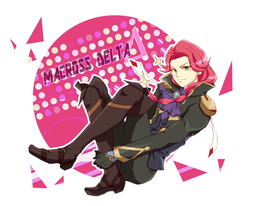 1boy, bogue_con-vaart, copyright_name, green_eyes, knees_to_chest, long_hair, looking_at_viewer, macross