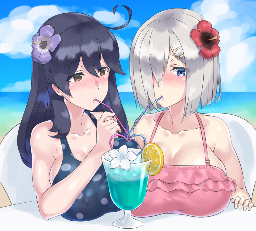 2girls, ahoge, bikini, black_hair, blue_eyes, blush, breasts, brown_eyes