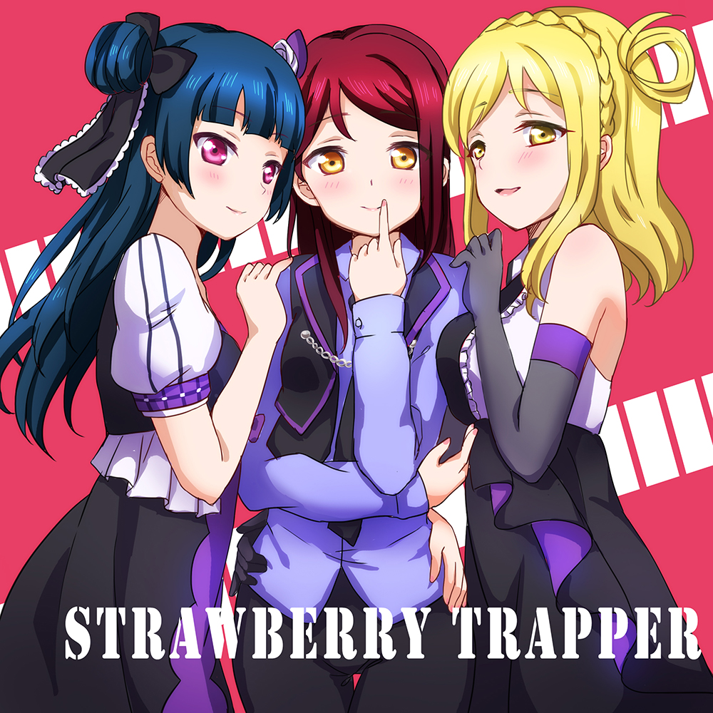 3girls, bangs, blonde_hair, blue_hair, blush, brown_eyes, emia_wang, girl_sandwich