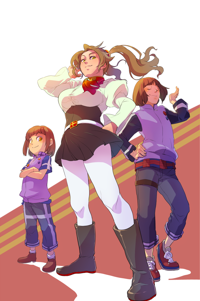 1girl, 2boys, boots, brown_eyes, brown_hair, closed_eyes, commentary_request, crossed_arms